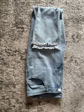 Women’s DG 2 faded Denim Jeans  with embroidery & fringed hem- 16WT